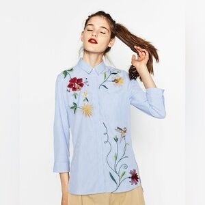 ZARA Woman Blue Striped Embroidered Shirt XS | Floral Bird Button Down Tunic Top